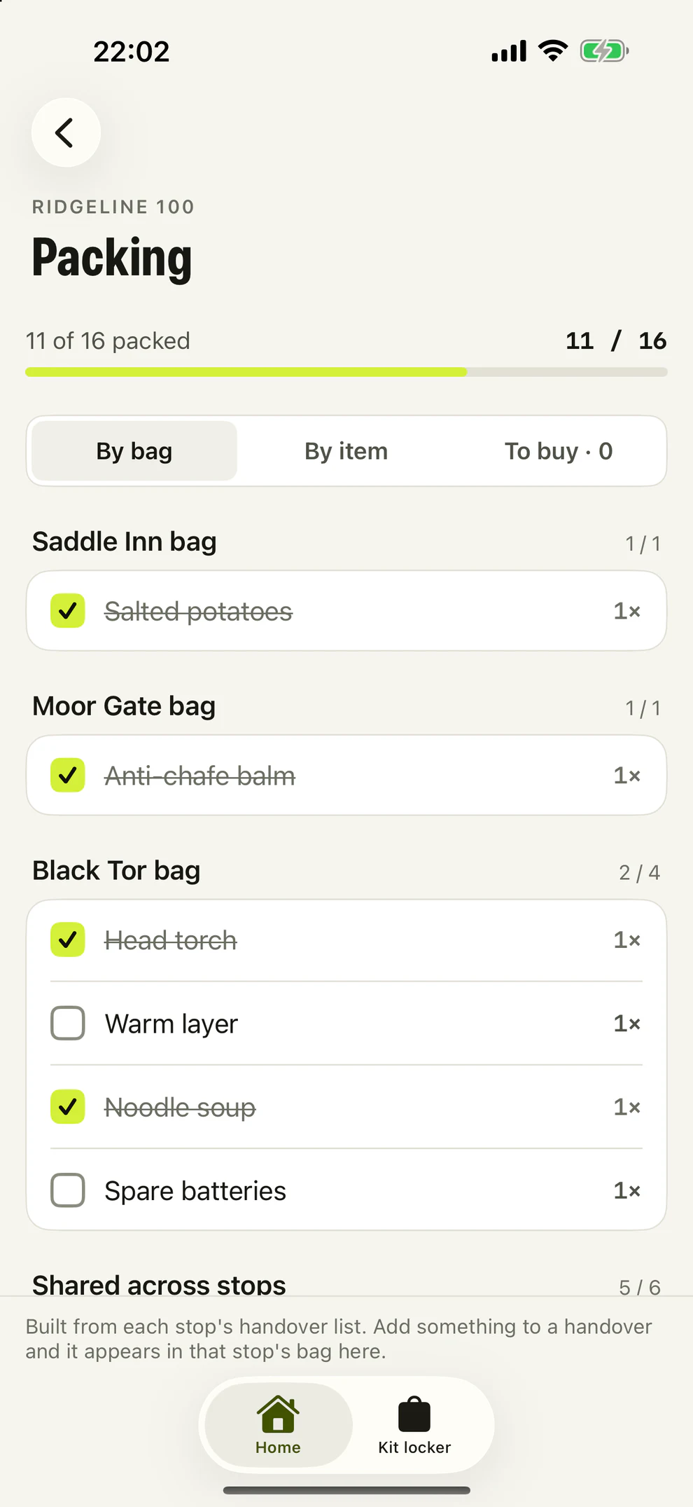 A packing list grouped by stop bag.