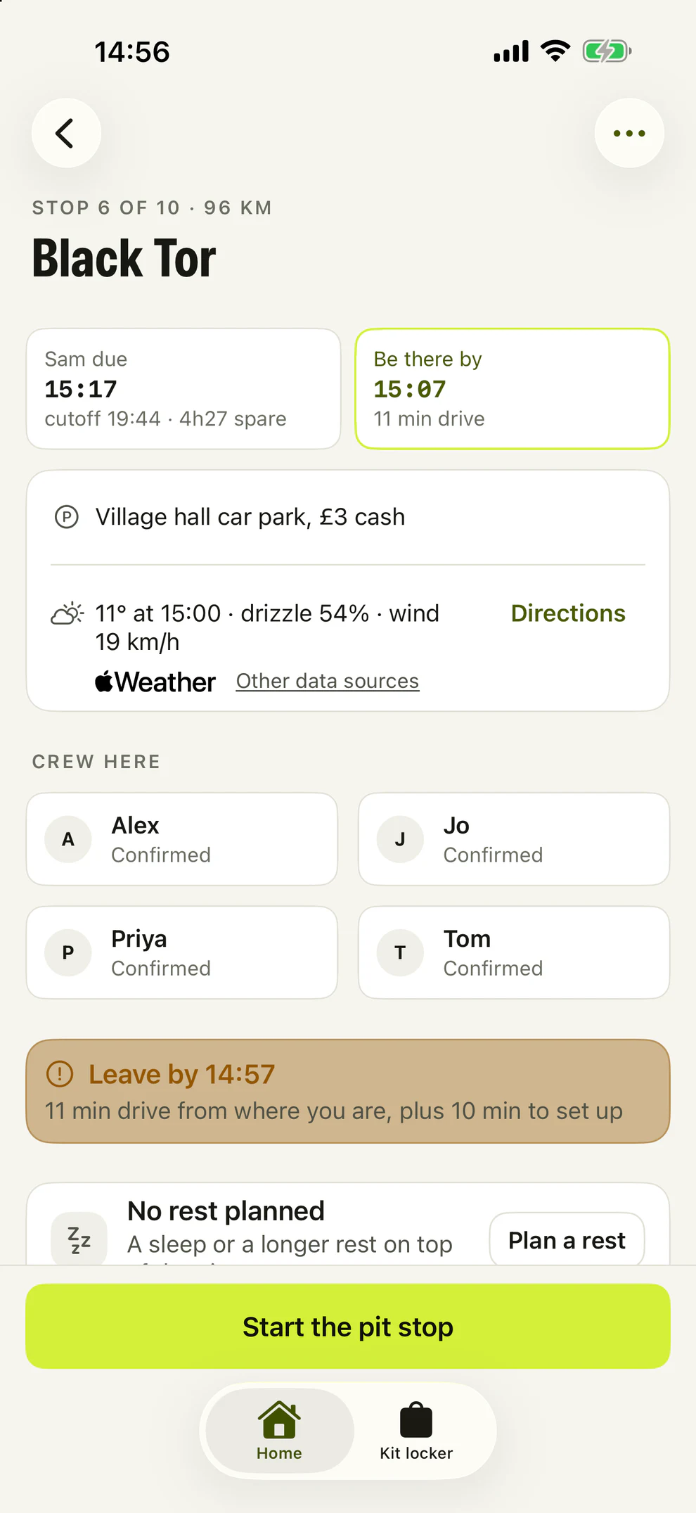 The Black Tor stop: runner due at 15:17, be there by 15:07, leave by 14:57, with parking, weather and the crew at the stop.